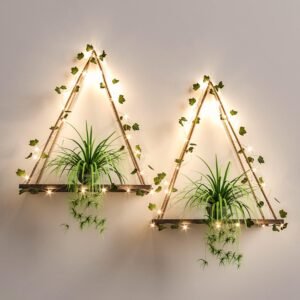 RICHER HOUSE Artificial Ivy LED-Strip Wall Hanging Shelves Set of 2 - Boho Wood Plant Shelves