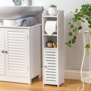 AOJEZOR Toilet Paper Holder Stand - White Bathroom Storage Cabinet for Small Spaces