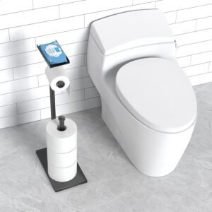 CISILY Black Toilet Paper Holder Stand with Phone Shelf – Freestanding Bathroom Tissue Roll Storage