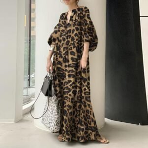 Casual Lantern Sleeve Floral Shift Dress Leopard Print Loose Maxi