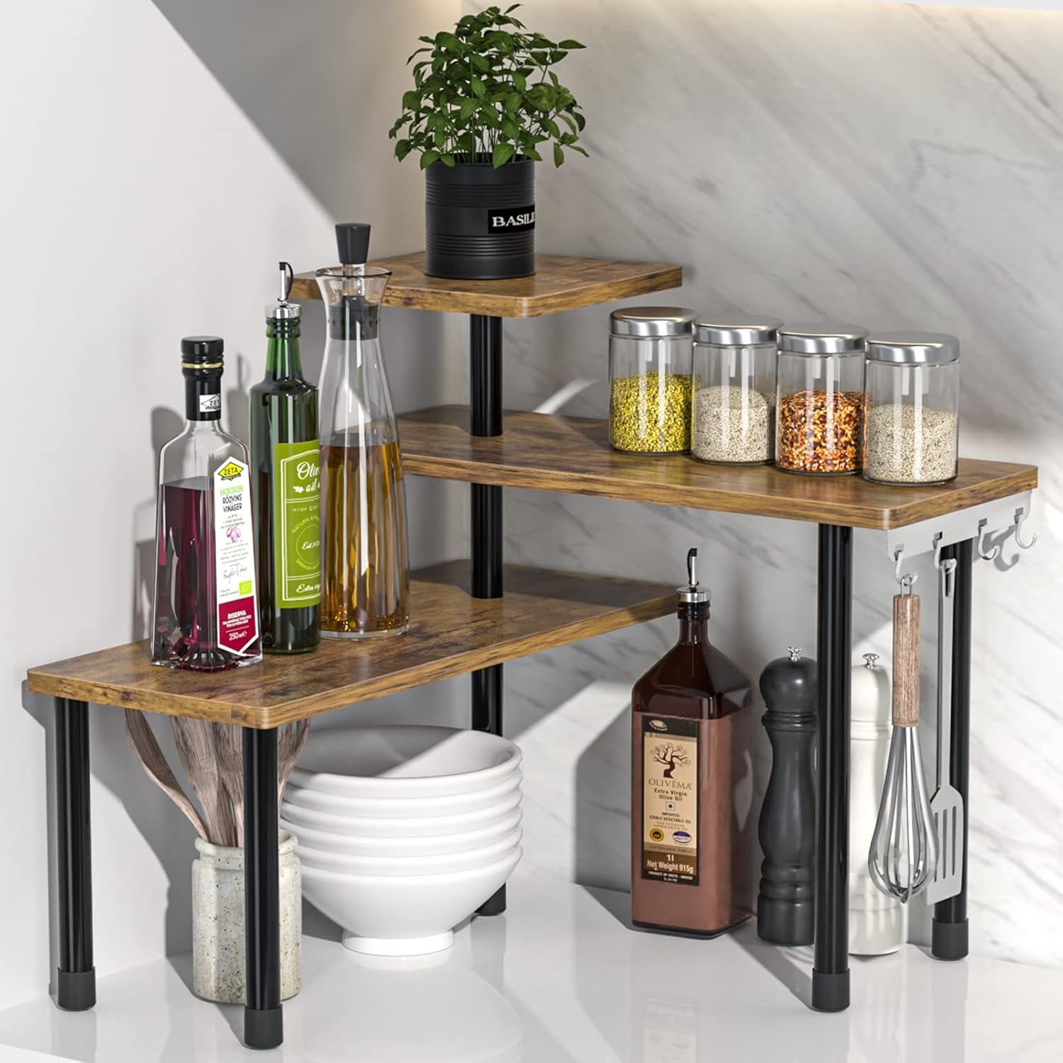 JayRex Countertop Organizer - 3-Tier Moveable Corner Shelf in Rustic Brown