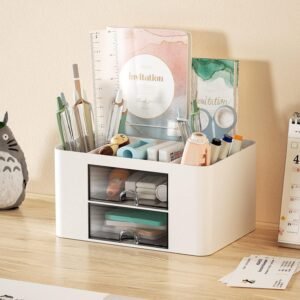 Marbrasse Pen Organizer with 2 Drawers - White Multi-Functional Desk Holder