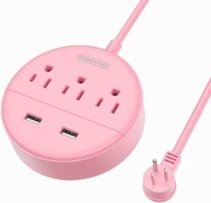 a pink power strip with multiple ports