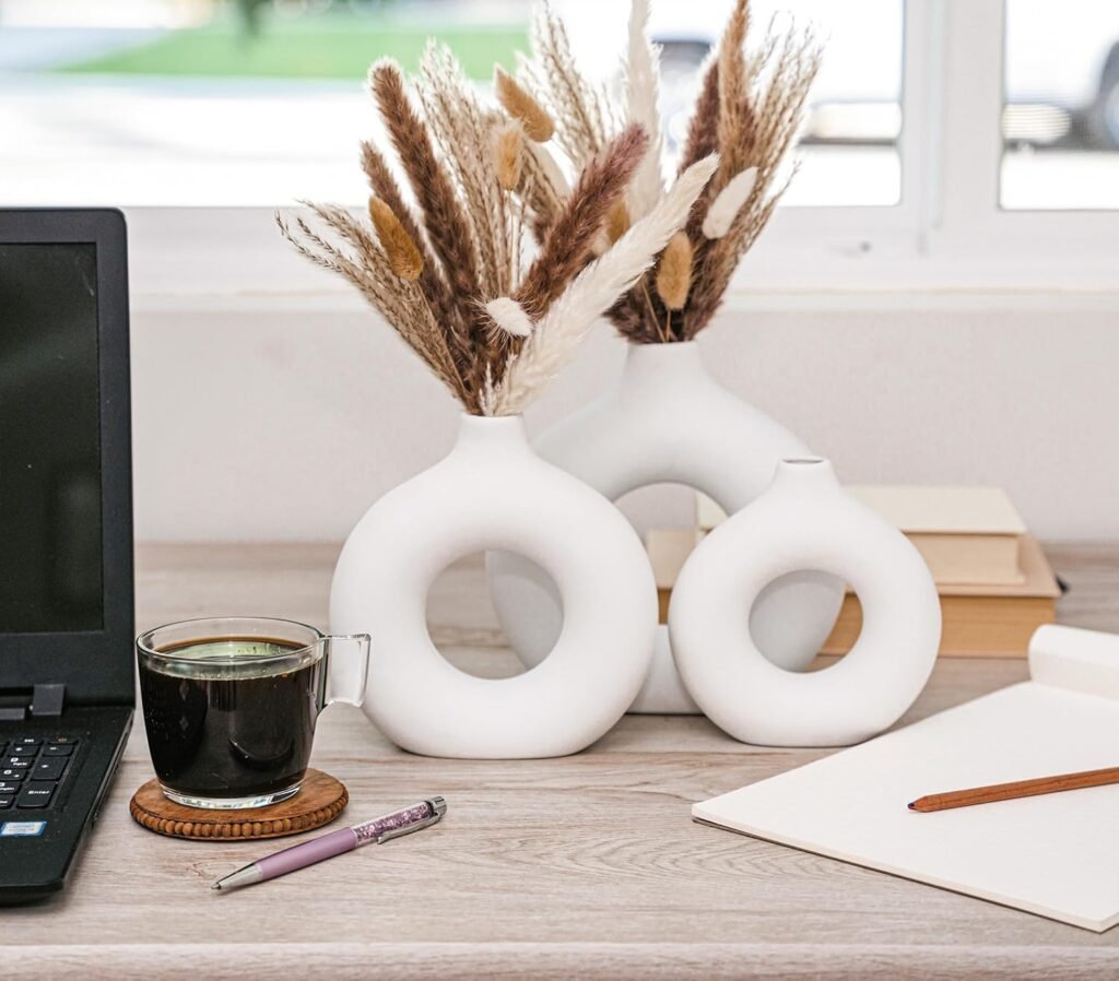 VELOVA Set of 3 White Ceramic Vases with 65 PCS Dried Pampas Grass - Boho Decor