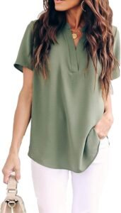 Allimy Women Summer Casual Split V Neckline Chiffon Blouses