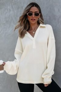 AlvaQ Womens Oversized Sweatshirt Loose V Neck Long Sleeve Lapel Collared Waffle Knit High Low Pullover