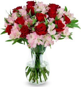 Benchmark Bouquets - Lovely Roses & Alstroemeria (Glass Vase Included)