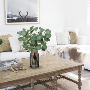 Briful Artificial Eucalyptus Stems in Black Glass Vase
