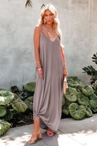 Poetsky Womens Casual Strappy V Neck Sleeveless Flowy Pockets Loose Long Maxi