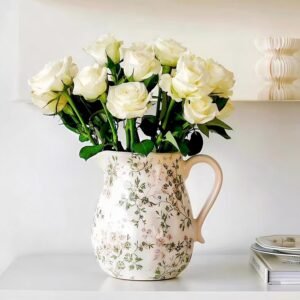 Vintage White and Green Floral Ceramic Vase
