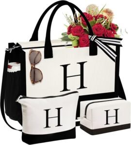 YOOLIFE Initial Canvas Tote & Makeup Bag Perfect Personalized Gift for Women
